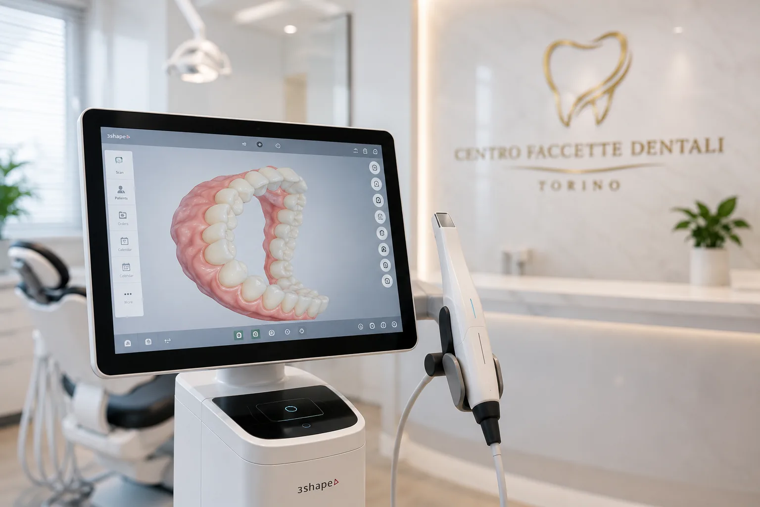 Lo studio con lo scanner 3D e il logo del centro sulla parete