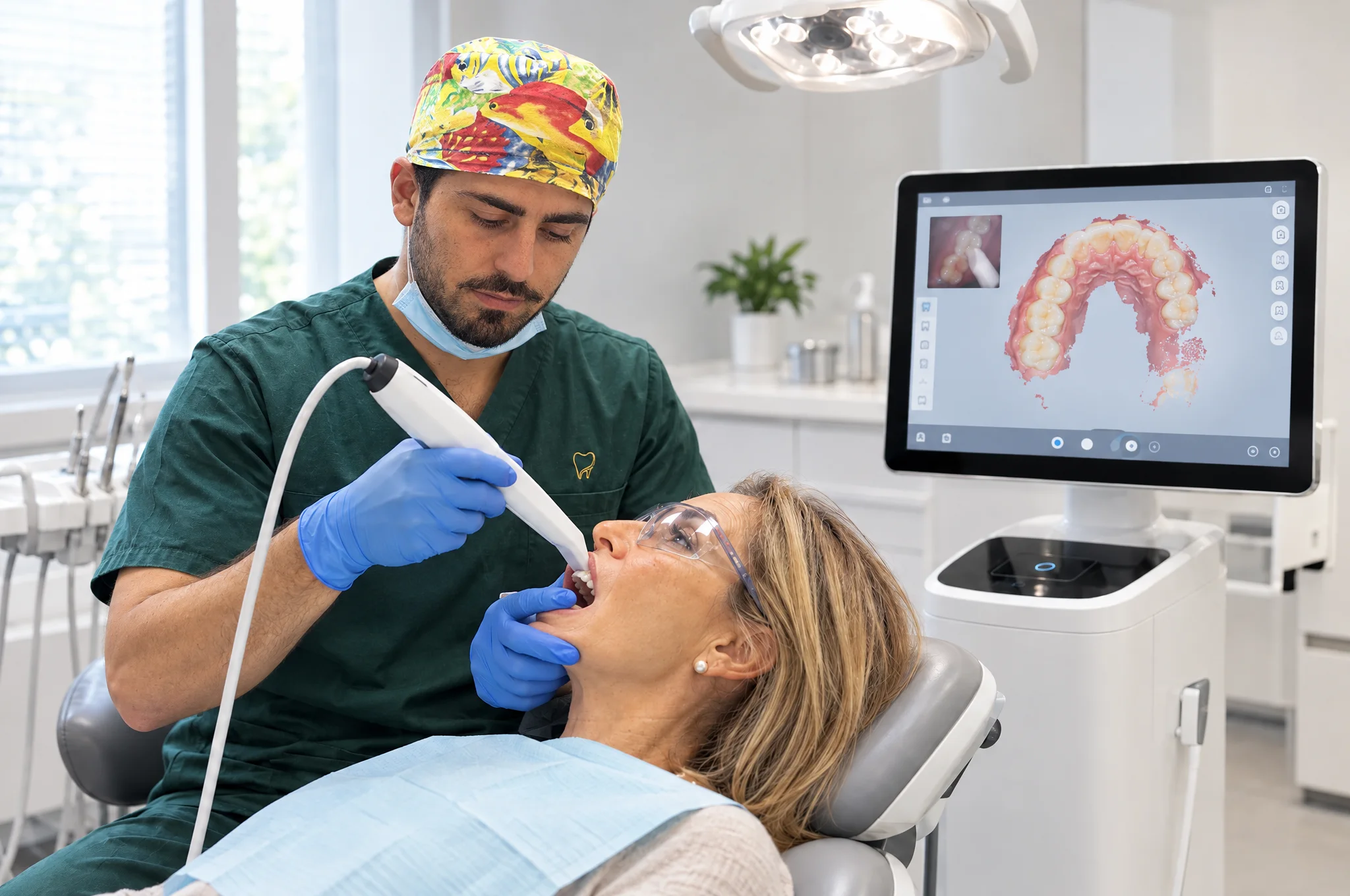 Il nostro dottore fa la scansione 3D guardando la paziente in poltrona: a monitor l'arcata si ricostruisce mentre scansiona