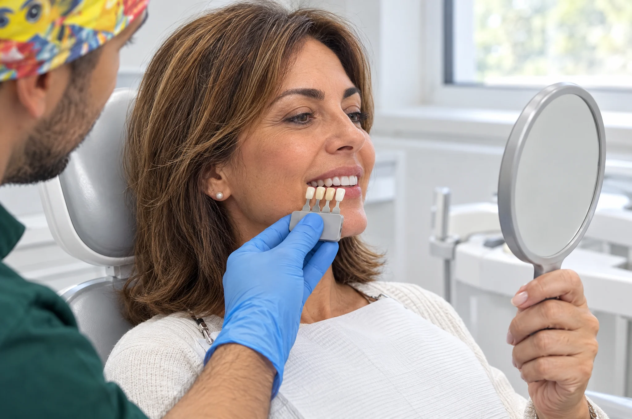 La scala colori della ceramica accanto ai denti, con lo specchio in mano per scegliere insieme