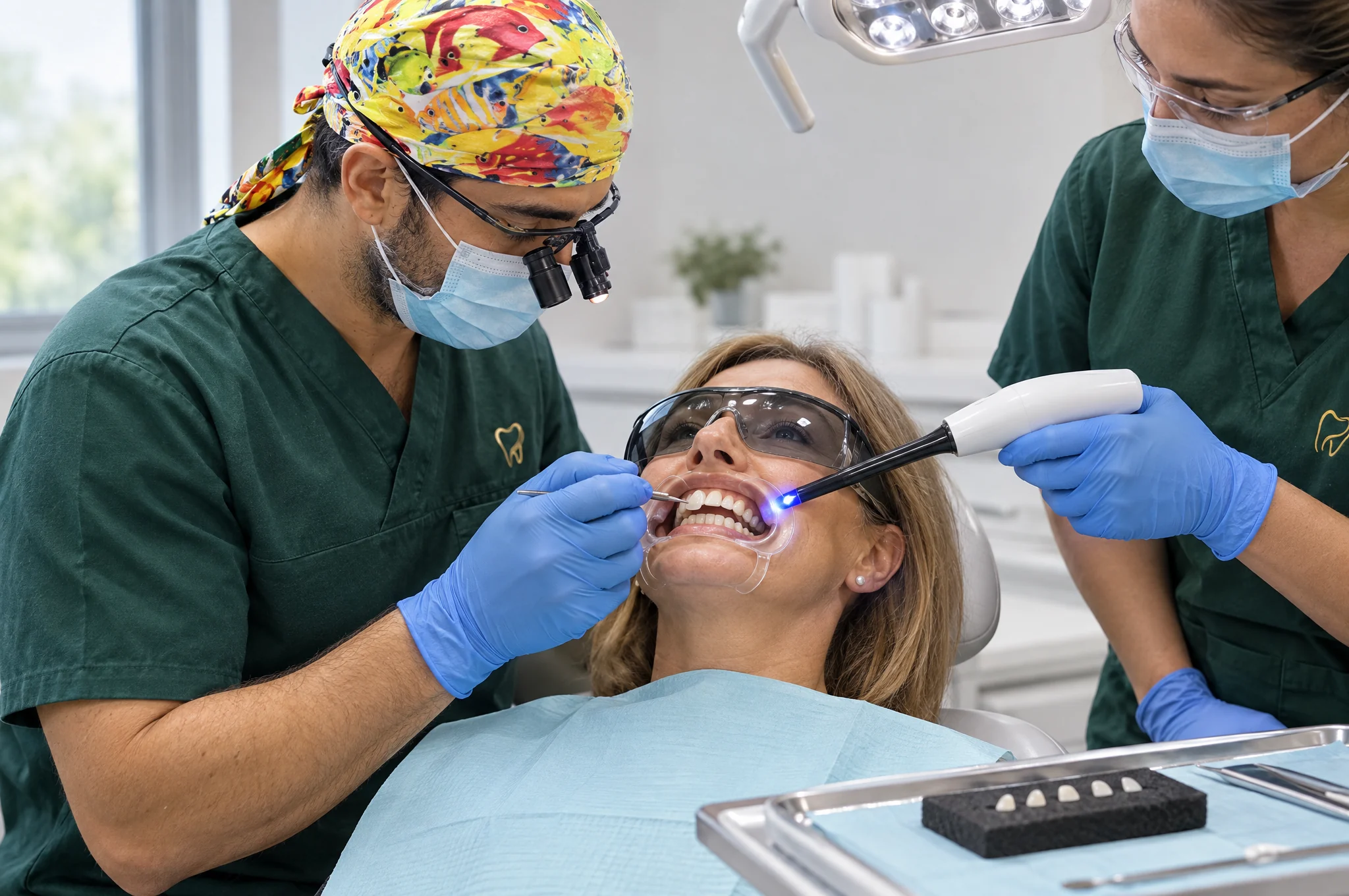 L'applicazione delle faccette in ceramica una per una, con il divaricatore e la lampada